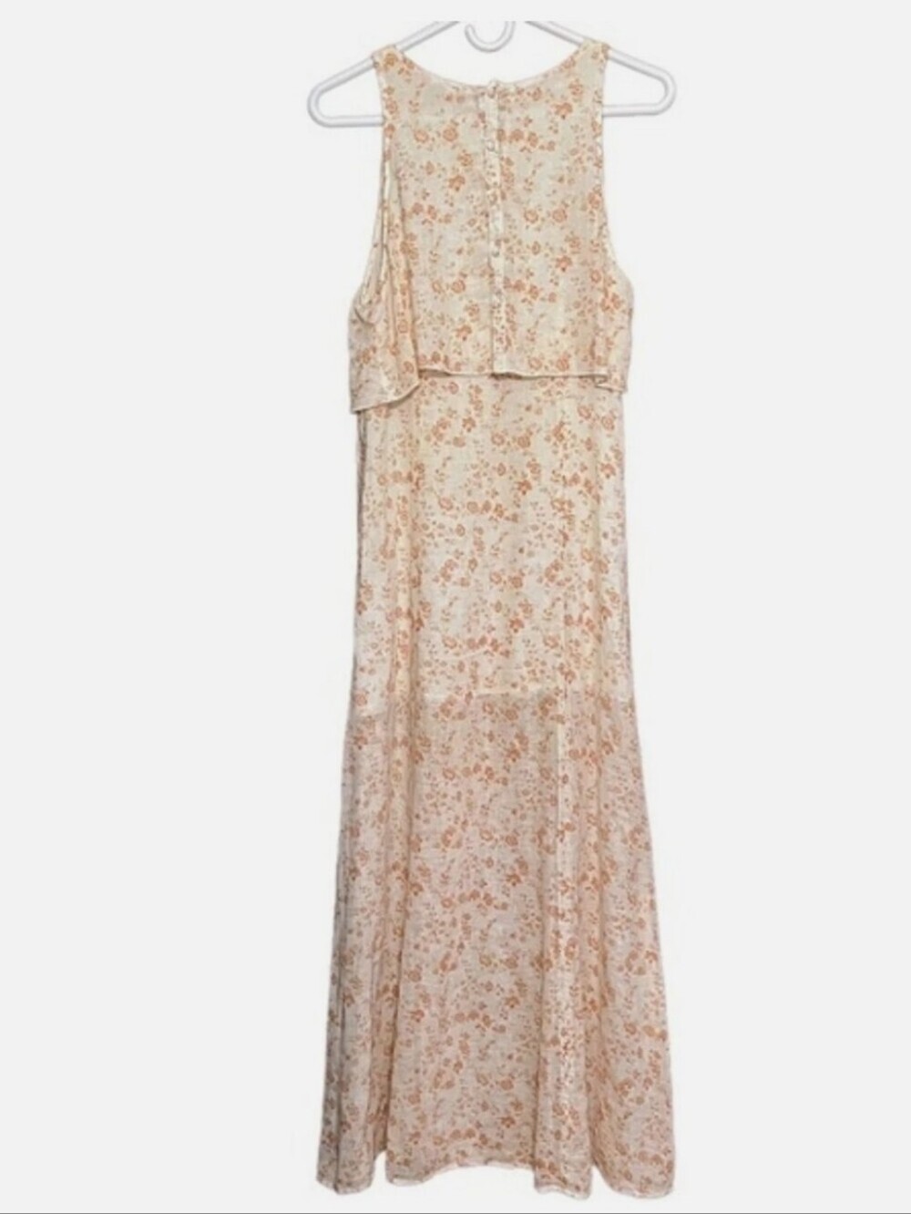 Free People Linen Double Split Front Floral Sleeveless Maxi Dress in Cream L